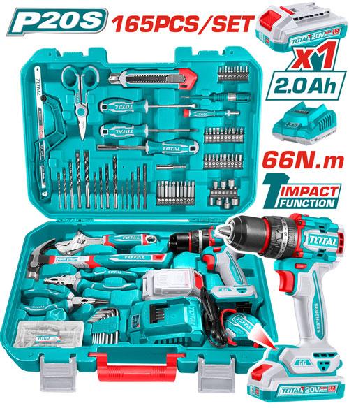 Juego de herramientas TOTAL de 165 piezas con taladro 20 V